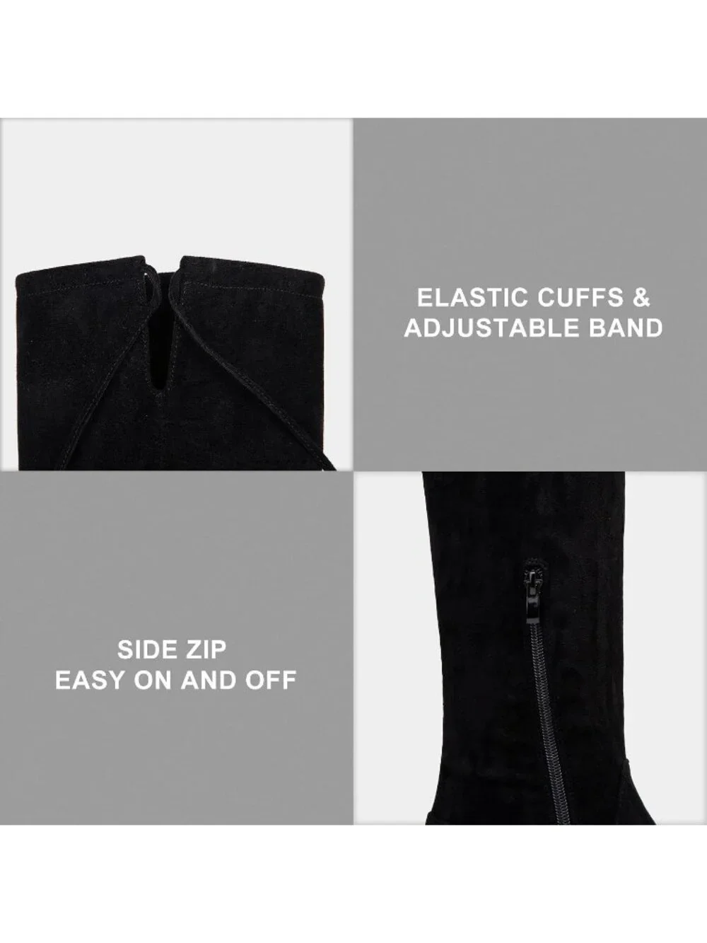 Women's Black Synthetic Suede Side Zipper Flat Heel Stretch Over The Knee Boots